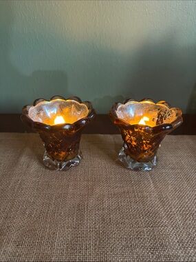 Vintage Amber Colored Votive Holders Pair Silver Luster Scalloped Pressed Glass